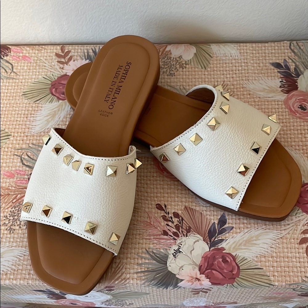 Sophia Milano White Sandals with Gold Studs